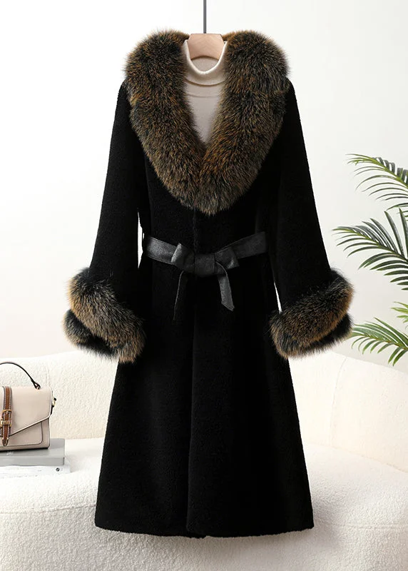 Black Fox Collar Pockets Tie Waist Cashmere Coats Winter Relaxed Fit Blazer