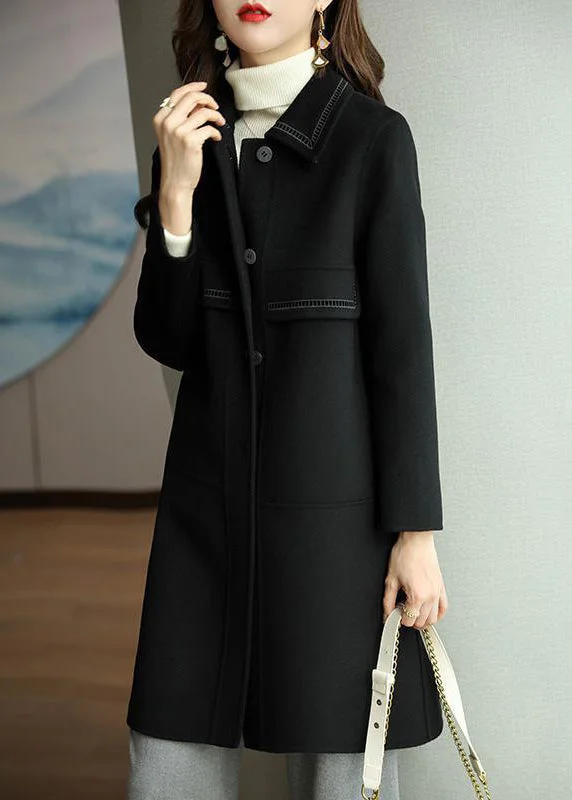 Black Patchwork Woolen Trench Coats Turn Collar Button Down Fall Modern Asymmetric Coat