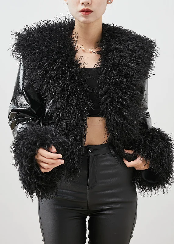 Bohemian Black Fur Collar Patchwork Faux Leather Coat Winter Ruched Sleeve Blazer