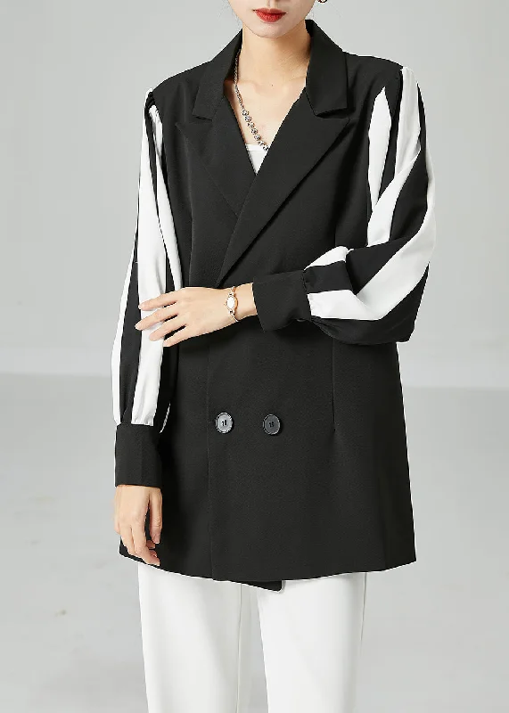 Bohemian Black Notched Patchwork Double Breast Spandex Coats Spring Collared Pea Coat