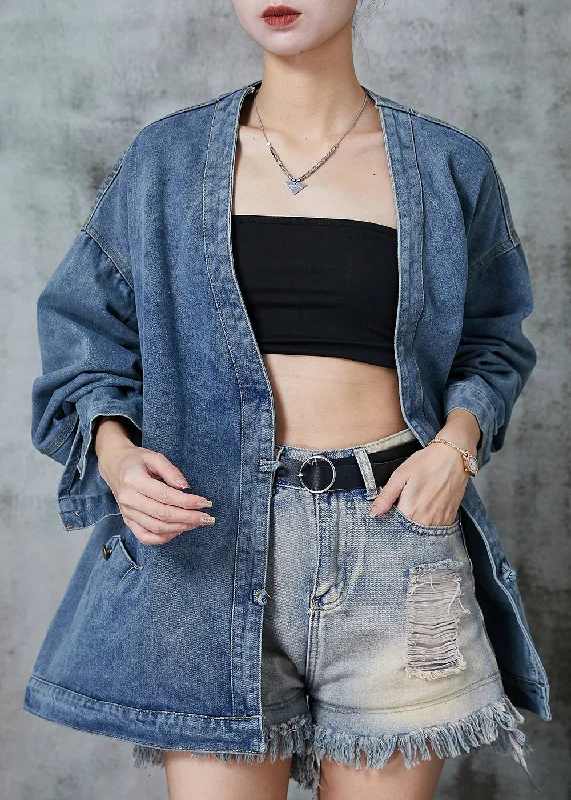 Bohemian Navy Oversized Chinese Button Denim Coats Spring Hooded Parka Coat