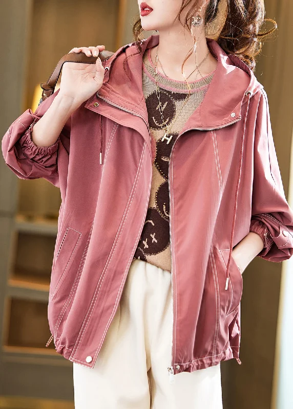 Bohemian Pink Hooded Oversized Cotton Coat Outwear Fall Casual Open-Front Coat