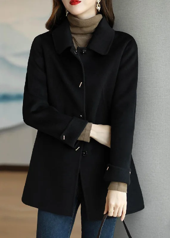 Boho Black Peter Pan Collar Button Down Woolen Coat Fall Elegant Cape Blazer