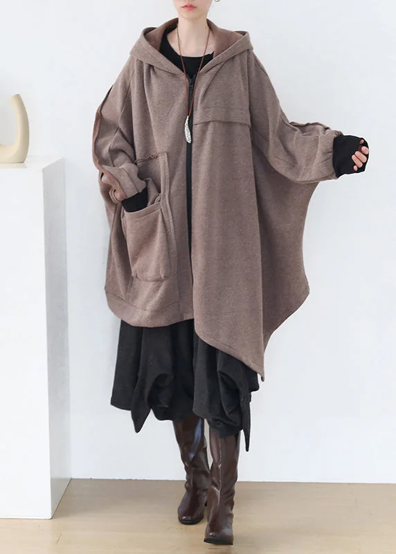 Boho Khaki Asymmetrical Patchwork Zippered Thick Cotton Hoded Coats Fall Pastel Wool Peacoat