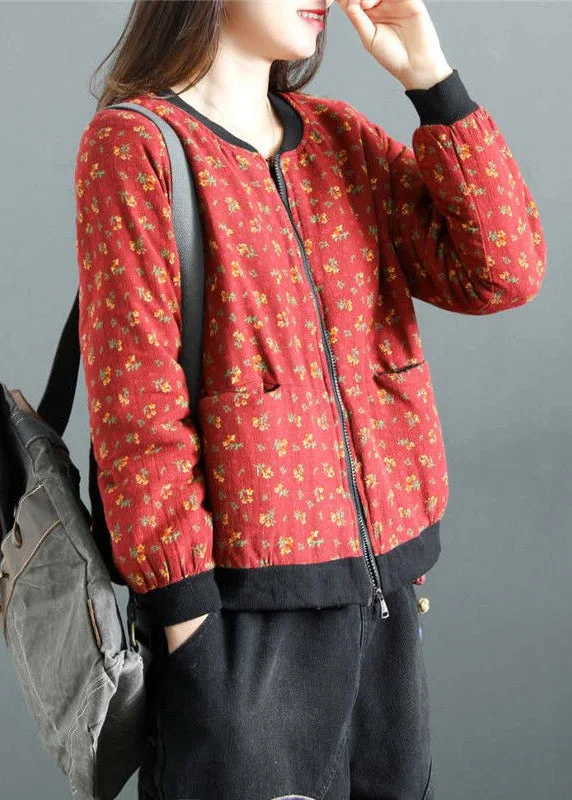 Boho Red Print Zip Up Pockets Patchwork Fine Cotton Filled Witner Coats Lightweight Windbreaker