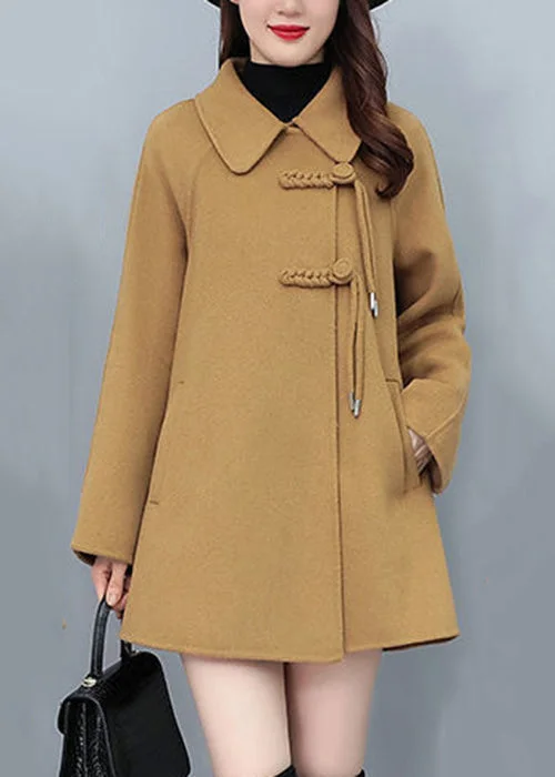 Boutique Camel Tasseled Chinese Button Woolen Coat Winter Elegant Wool Jacket