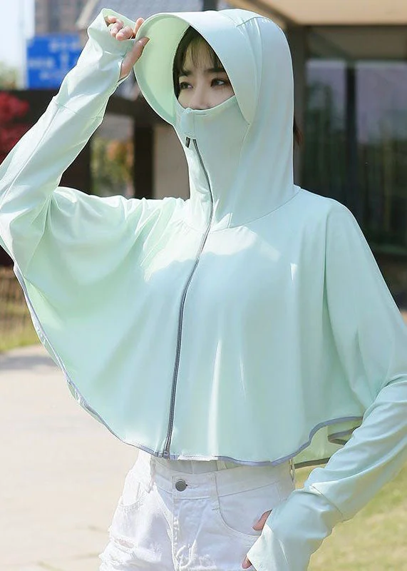 Boutique Light Green Hooded Zip Up Patchwork Ice Silk UPF 50+ Coats Summer Chic Winter Coat