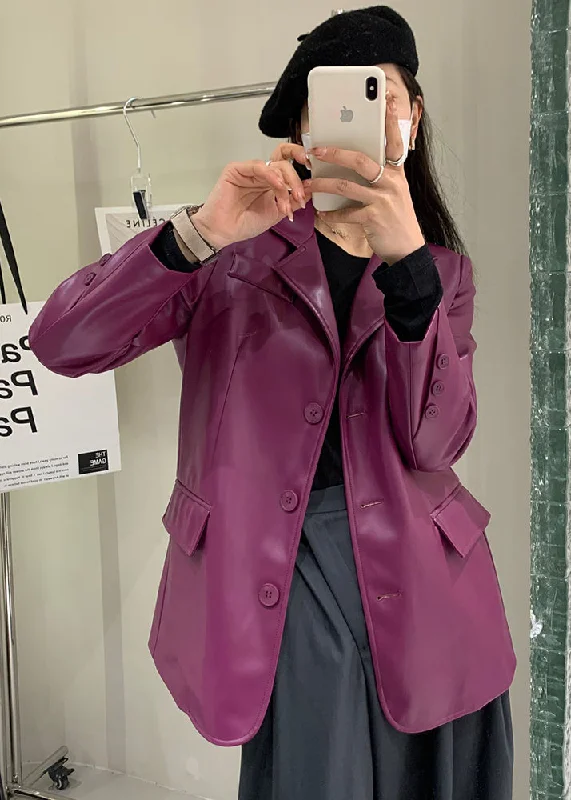 Boutique Purple Peter Pan Collar Button Patchwork Faux Leather Coat Fall Thick Layered Jacket