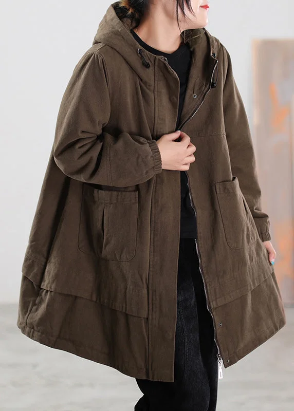 Brief Coffee Zippered Button Pockets Drawstring Hooded Coats Winter Fitted Faux Suede Blazer