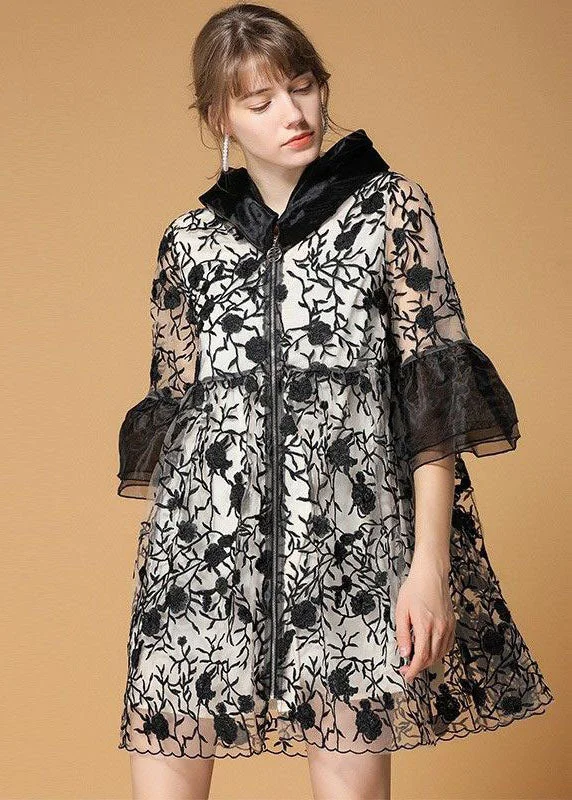 Casual Black Hooded Embroideried Patchwork Organza Coats Half Sleeve Military-Inspired Jacket