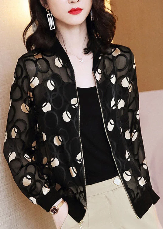 Casual Black V Neck Print Zippered Silk UPF 50+ Coat Long Sleeve Open-Knit Duster Coat