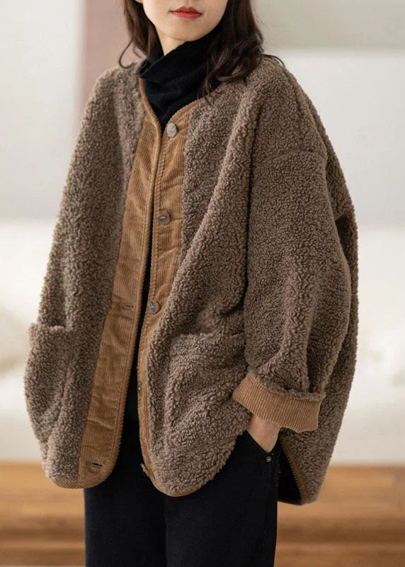 Casual Coffee O-Neck Pockets Button Warm Faux Fur Coats Long Sleeve Open-Knit Duster Coat