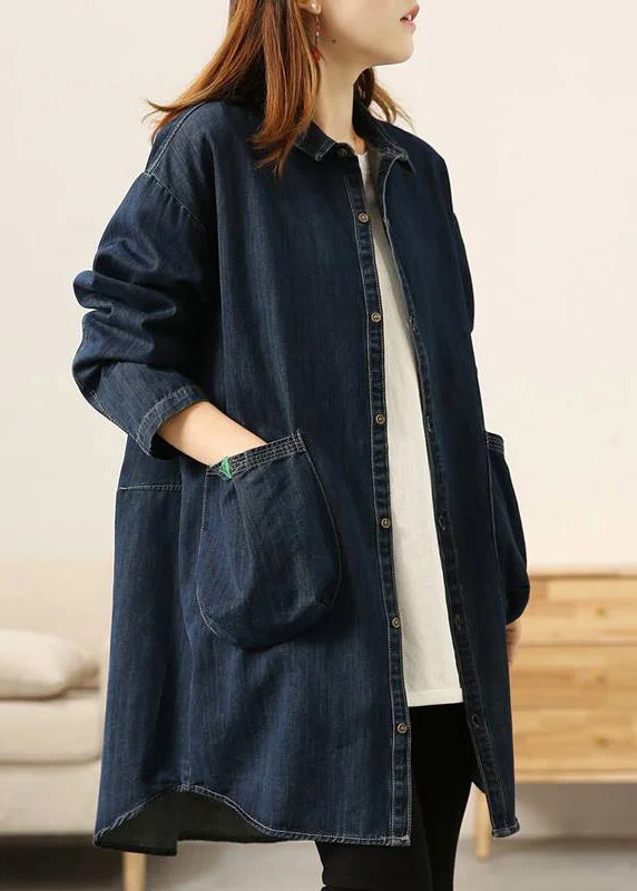 Casual Peter Pan Collar Button Pockets Cotton Denim Coats Long Sleeve Warmth-Enhanced Parka