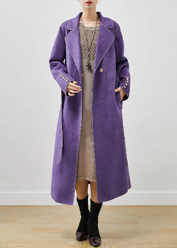 Casual Purple Peter Pan Collar Tie Waist Woolen Coats Fall Puff Sleeve Blazer