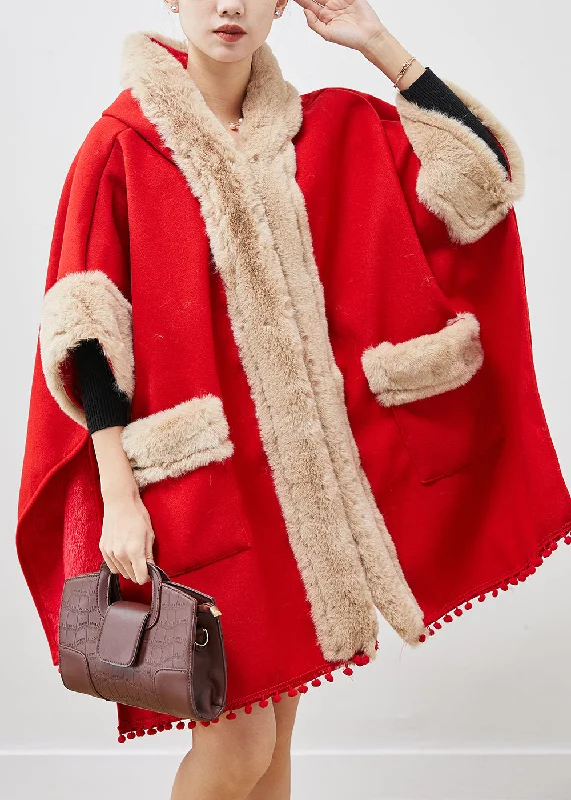 Casual Red Oversized Patchwork Fuzzy Ball Decorated Woolen Coats Winter Polished Tailored Coat