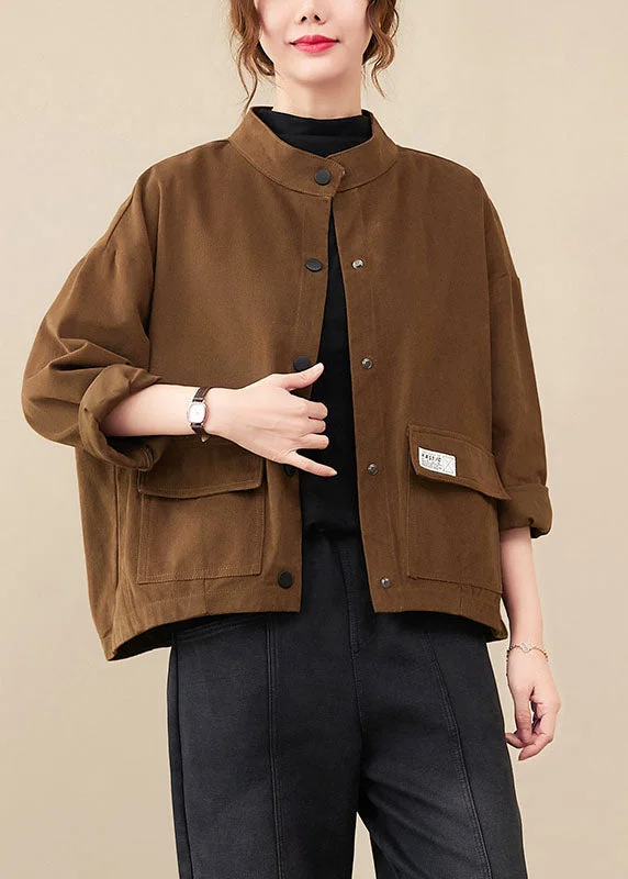 Chic Coffee Pockets Patchwork Button Coats Fall Stretch Fit Moto Jacket