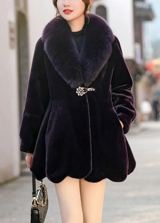 Chic Dull Purple Fur Collar Warm Mink Velvet Coat Winter Elegant Satin Bolero