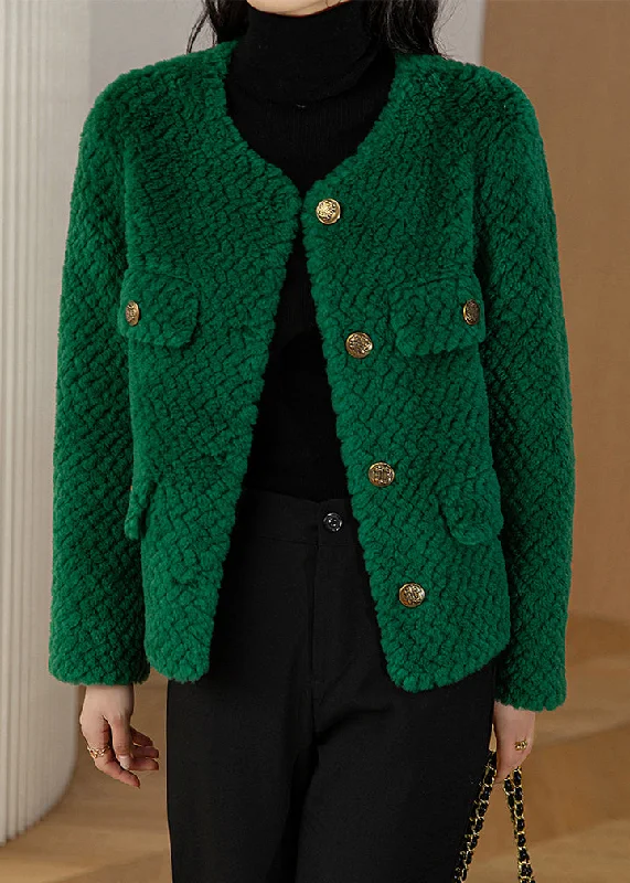 Chic Green O-Neck Button Woolen Coat Long Sleeve Bold Color Block Coat