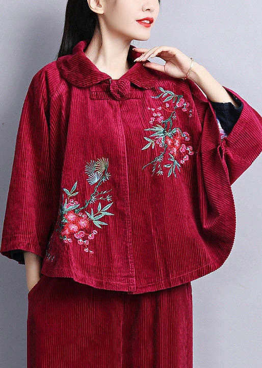 Chic Mulberry Peter Pan Collar Embroideried Corduroy Coats Cloak Sleeves Plaid Checkered Coat