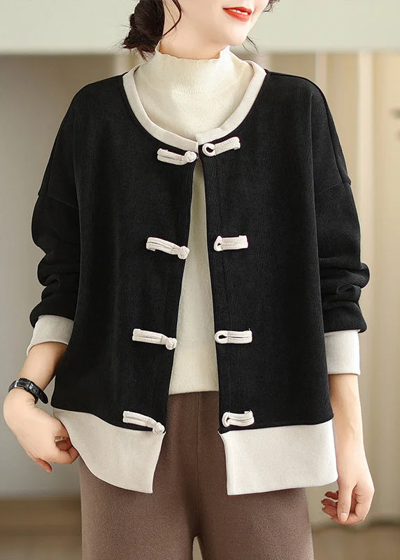 Chinese Style Black O Neck Oriental Button Warm Fleece Coats Fall Puff Sleeve Blazer