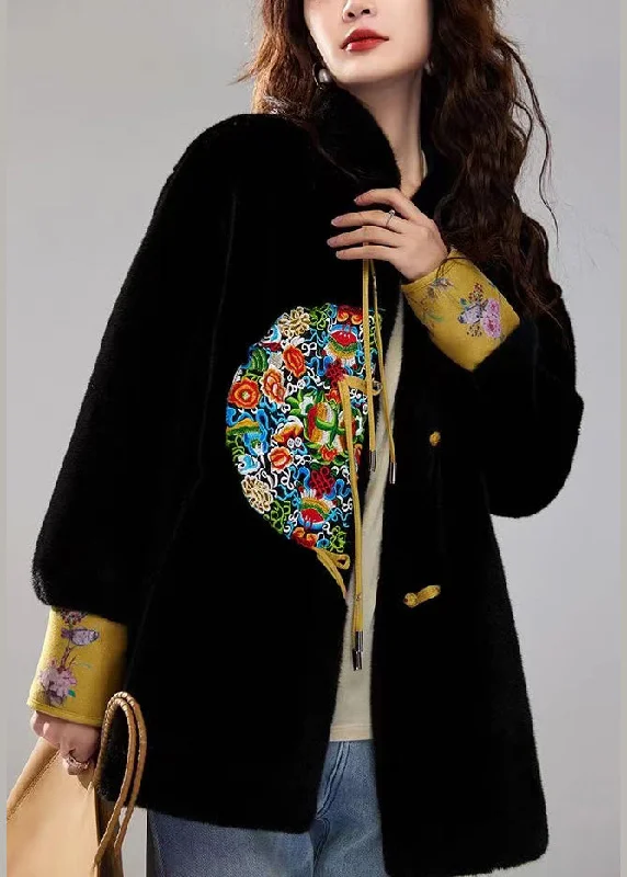 Chinese Style Black Tasseled Embroidered Leather And Fur Coats Spring Buttoned Peplum Coat