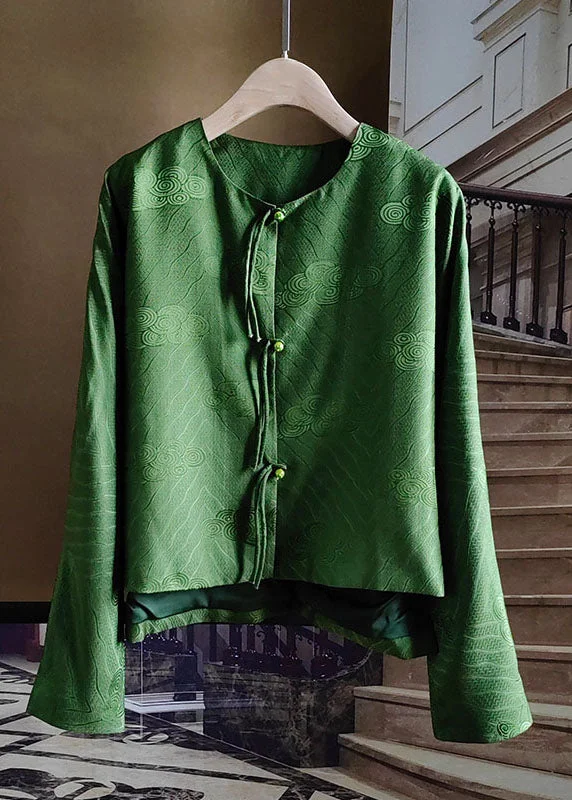 Chinese Style Green Tasseled Button Jacquard Silk Coats Spring Sporty Zip-Up Jacket