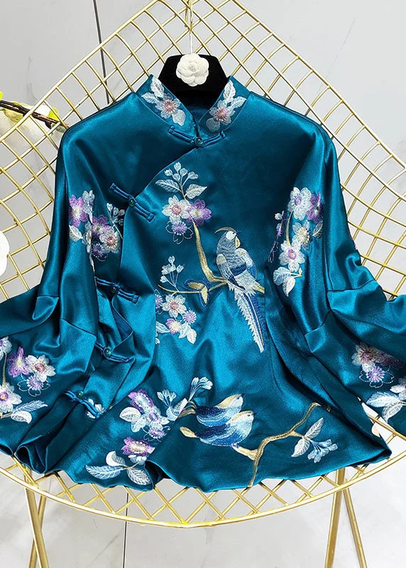 Chinese Style Peacock Blue Stand Collar Embroidery Silk Coats Spring Stretchy Active Jacket