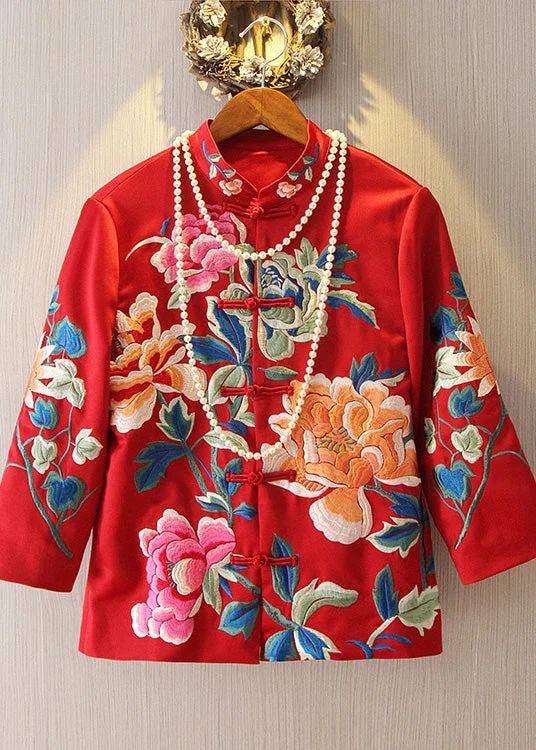 Chinese Style Red Embroideried Floral Coats Spring Double-Breasted Trench