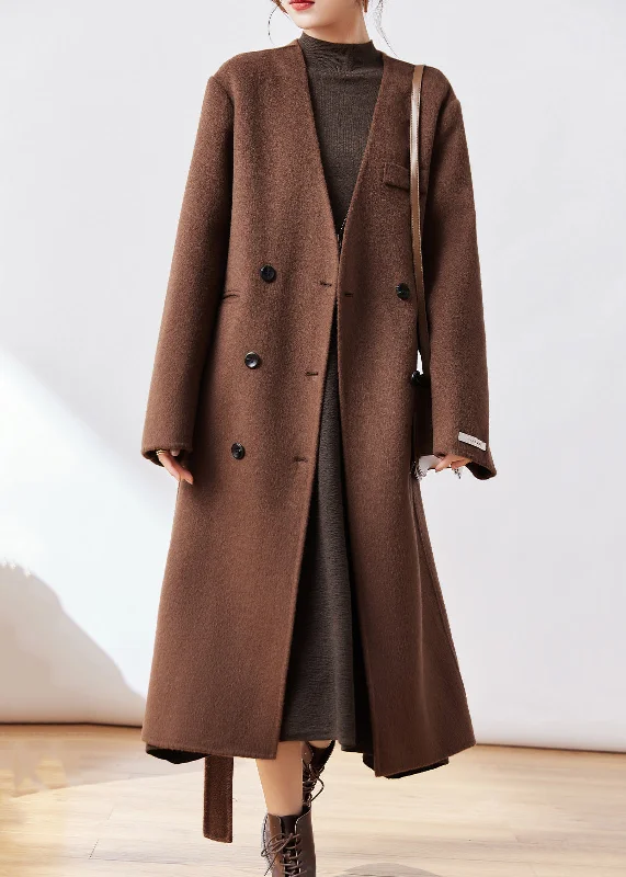 Classy Coffee Pockets Tie Waist Woolen Coats Winter Draped Longline Jacket