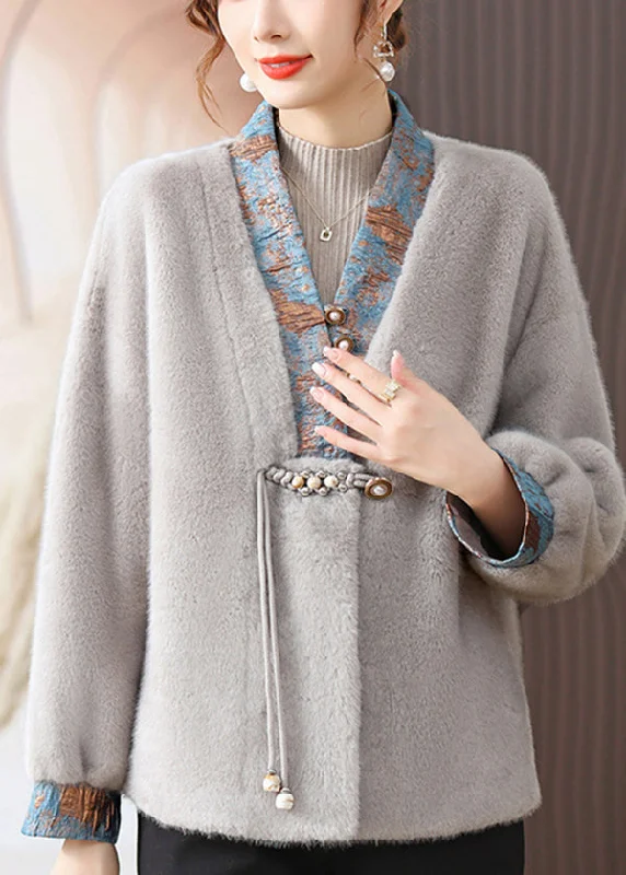 Classy Grey V Neck Tasseled Patchwork Mink Hair Coats Fall Classic Trench Coat