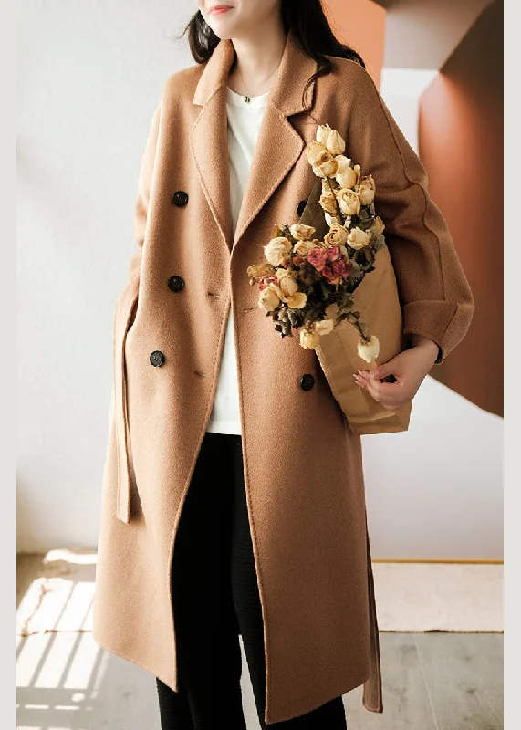 Classy Light Camel Double Breast Oversized Woolen Trench Coats Winter Thick Layered Jacket