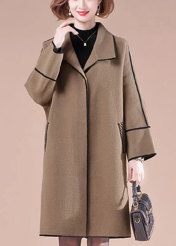 Coffee Patchwork Woolen Trench Coats Oversized Winter Bold Color Block Coat