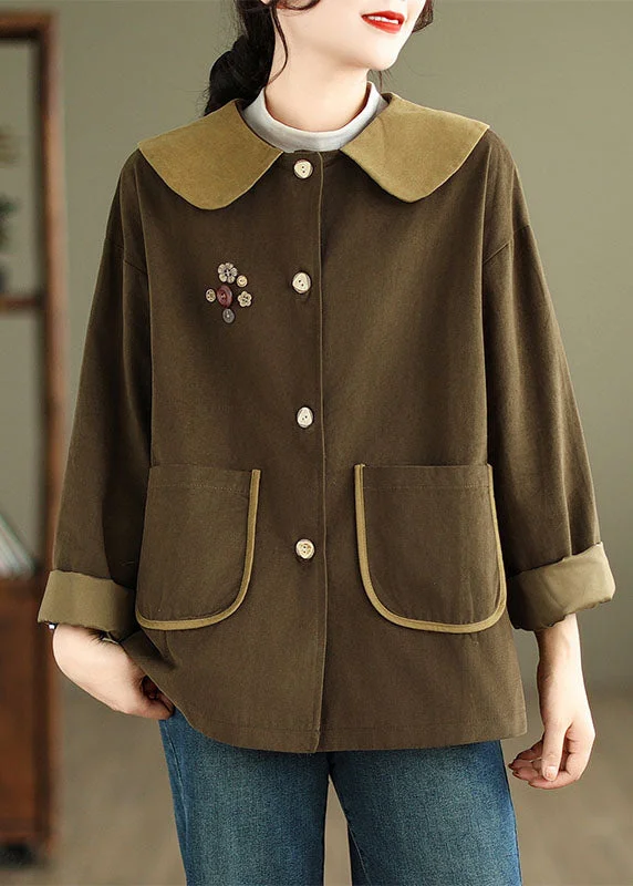 Coffee Peter Pan Collar Button Coats Long Sleeve Chic Oversized Blazer