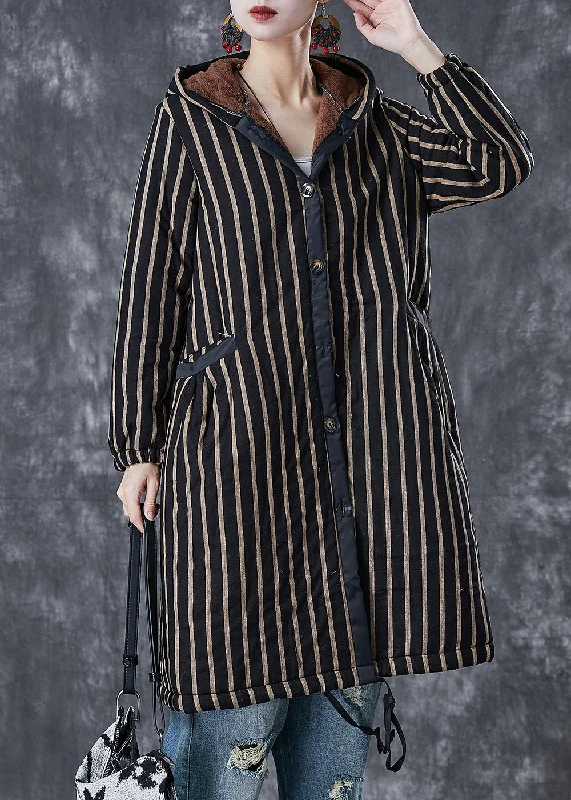 Coffee Striped Warm Fleece Coats Hooded Winter Thick Layered Jacket