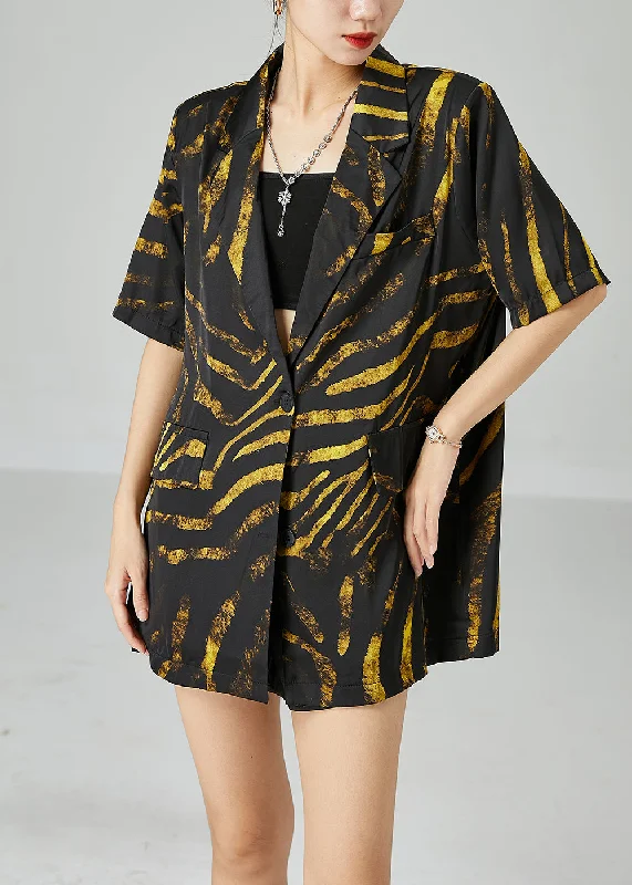 DIY Black Notched Oversized Print Cotton Coat Short Sleeve Quilted Hybrid Jacket