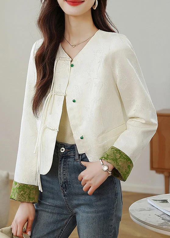 Elegant Beige O Neck Print Button Silk Coats Fall Elegant Wool Jacket