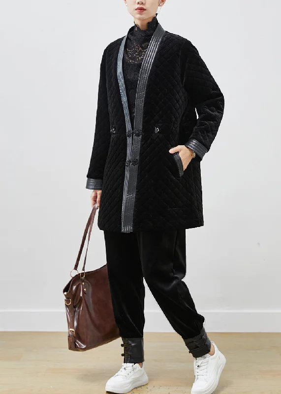 Elegant Black Chinese Button Patchwork Silk Velour Coat Winter Stretchy Active Jacket