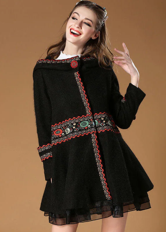 Elegant Black Hooded Embroideried Woolen Coat Winter Lightweight Utility Jacket