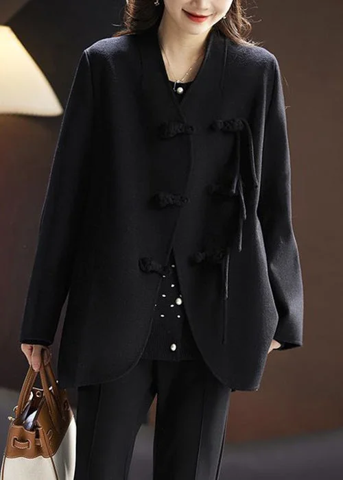 Elegant Black Solid Chinese Button Wool Coats Spring Relaxed Utility Shacket