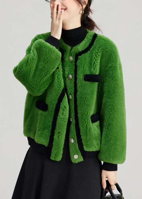 Elegant Green Button Pockets Fuzzy Fur Fluffy Coats Long Sleeve Minimalist Wool Duster