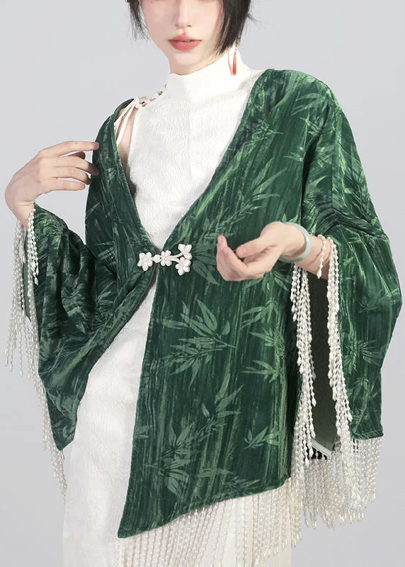 Elegant Green Tasseled Chinese Button Cotton Cape Coats Spring High-Collar Puffer Coat