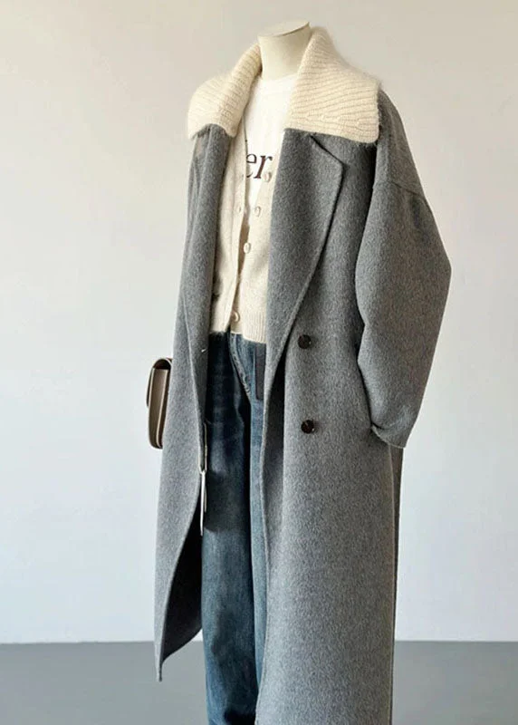 Elegant Grey Peter Pan Collar Pockets Knit Patchwork Woolen Long Coats Long Sleeve Warmth-Enhanced Parka