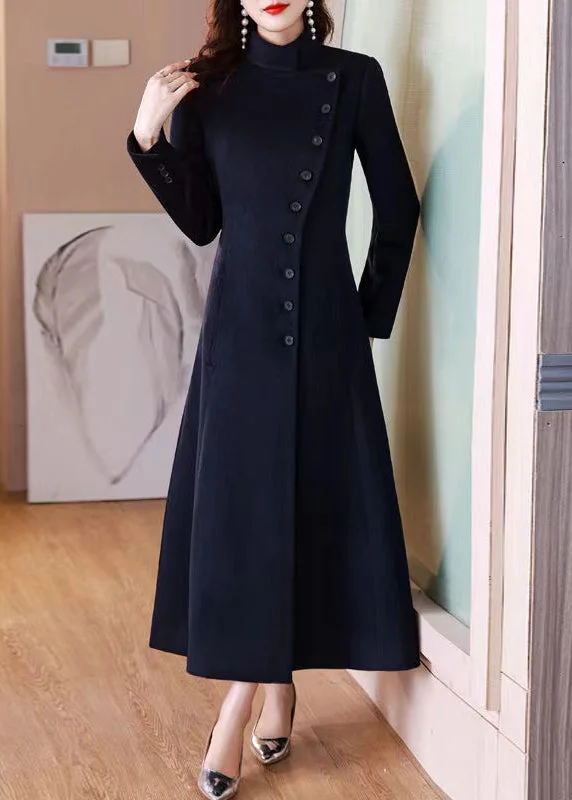 Elegant Navy Peter Pan Collar Button Woolen Long Coat Winter Belted Crossover Blazer