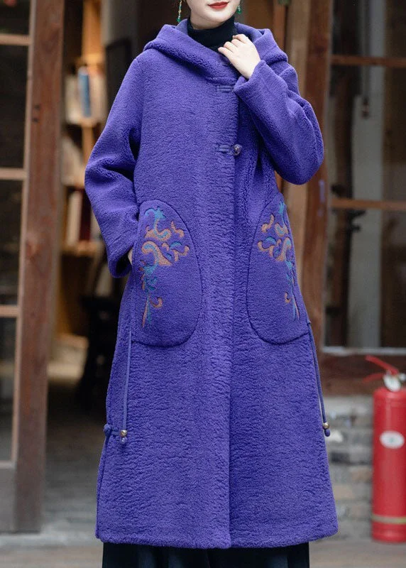 Elegant Purple Hooded Embroideried Tassel Teddy Faux Fur Coats Winter Sleeveless Puffer Vest