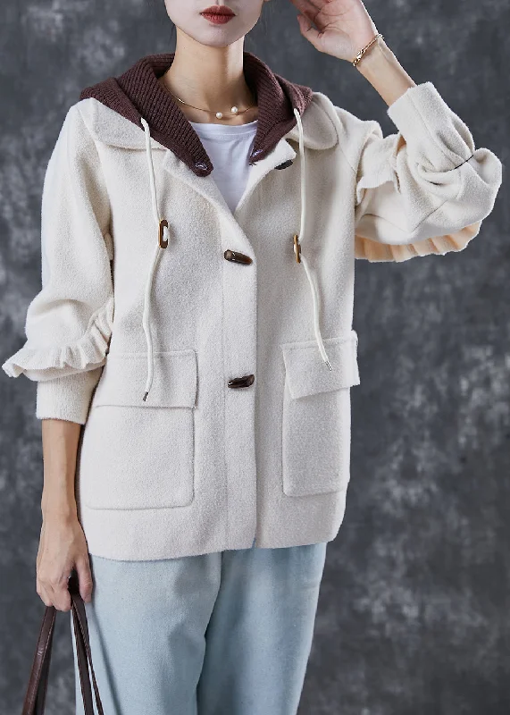 Elegant White Hooded Patchwork Ruffled Woolen Coats Spring Casual Denim Jacket