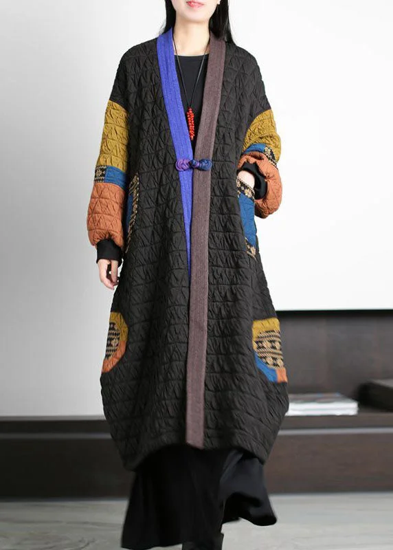 Fashion Black V Neck Patchwork Oriental Button Fine Cotton Filled Long Coats Winter Flowy Lightweight Kimono