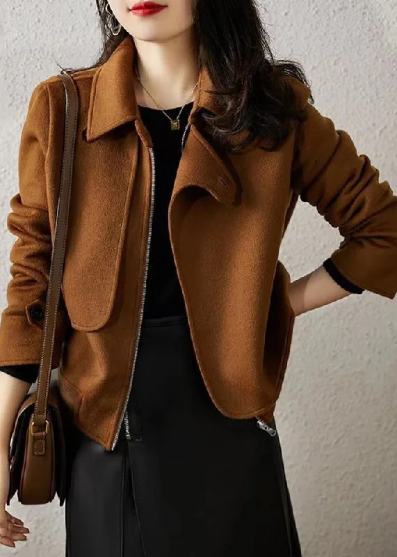 Fashion Chocolate Asymmetrical Patchwork Woolen Coats Fall Draped Collar Cardigan