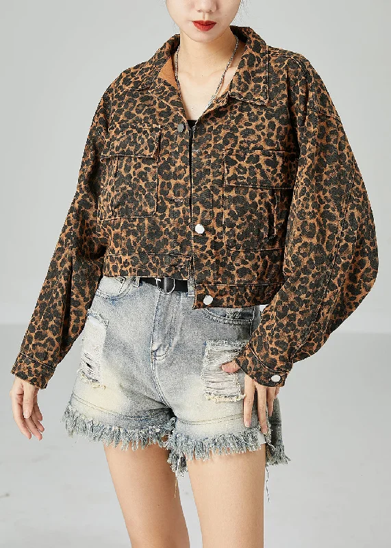 Fashion Coffee Peter Pan Collar Leopard Print Pockets Cotton Coats Spring Ultra-Soft Sherpa Vest