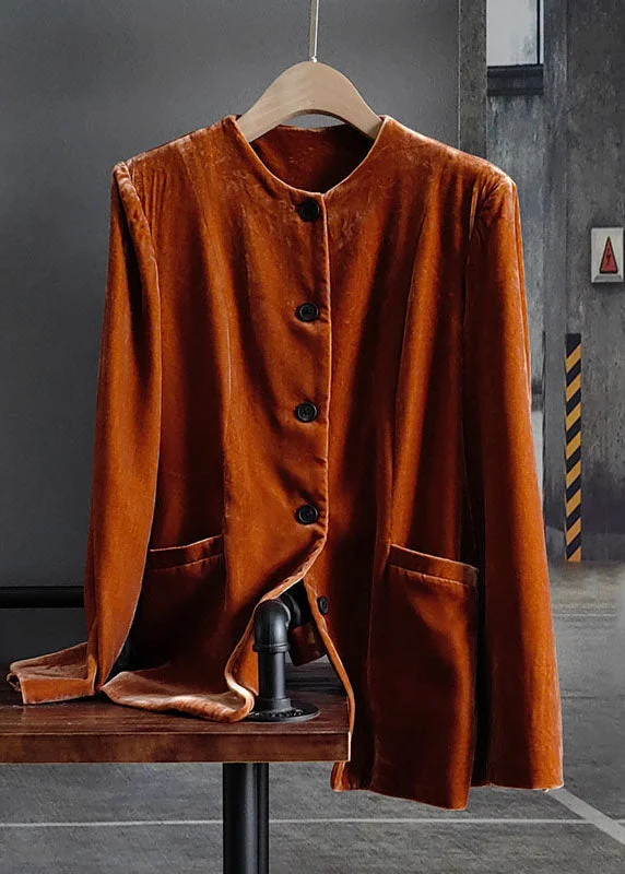 Fashion Orange O-Neck Button Patchwork Silk Velour Coats Spring Double-Breasted Trench