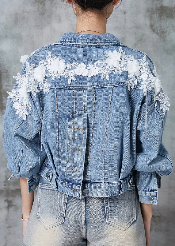 Fine Blue Tasseled Patchwork Lace Flower Denim Short Coats Spring Cropped Moto Jacket